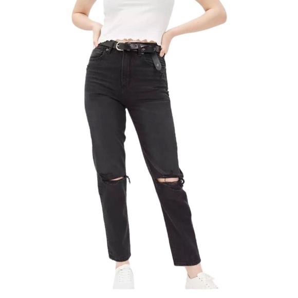 American Eagle Outfitters Ripped Distressed Mom Straight Jeans Black - Picture 1 of 5